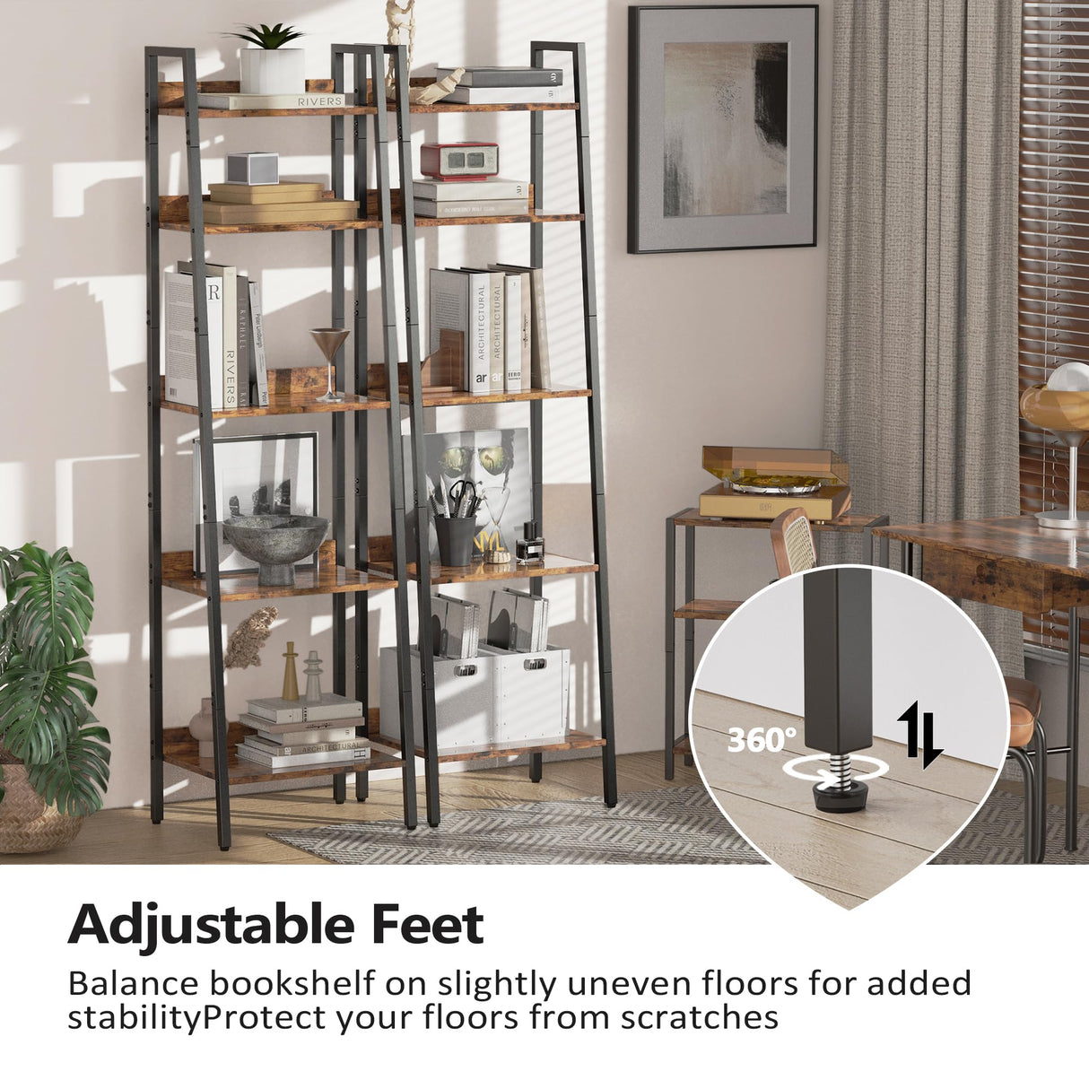 Bookshelf, Ladder Shelf with Steel Frame, 5-Tier Industrial Bookcase, Narrow Tiered Shelf for Small Space, Corner Shelf for Living Room, Home Office, Kitchen, Bedroom, Bathroom(Rustic Brown & Black) Homedawn