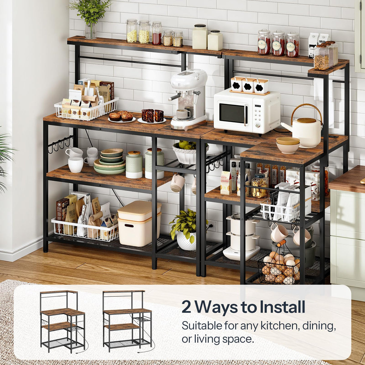 HOOBRO Bakers Rack with Power Outlet, 4-Tier Corner Microwave Stand with Storage, Coffee Bar with 8 S-Shaped Hooks, Kitchen Shelf Rack, 2 Installation Methods, Rustic Brown and Black BF20UHB01 HOOBRO