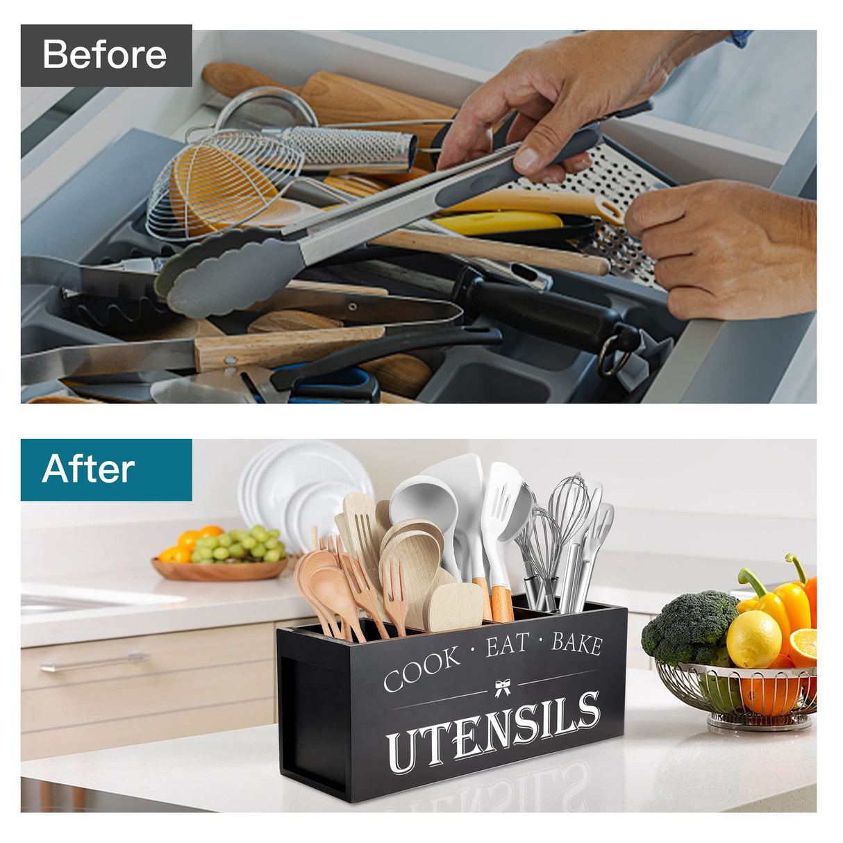 Suli Extra Large Kitchen Utensils Holder with 4 Compartments, Wooden Utensil Organizer for Kitchen Countertop, Farmhouse Kitchen Decor, Rustic Cooking Utensil - Black Suli