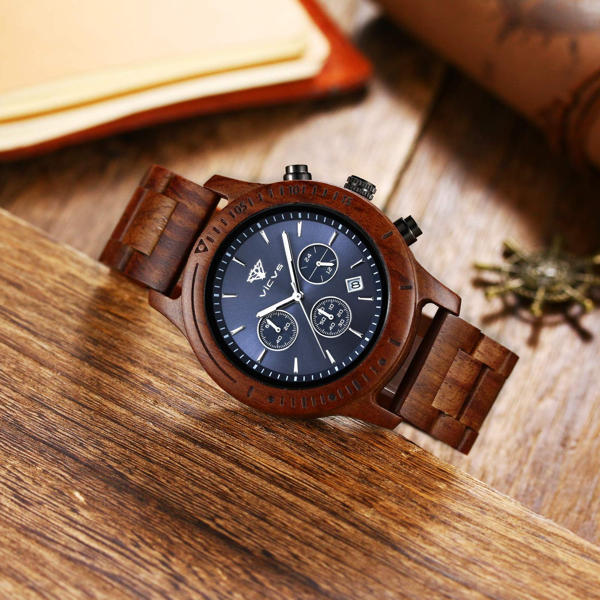 VICVS Men's Wooden Watch, 100% Natural Wood Watch, Japanese Quartz Movement with Date Display Chronograph Function, (Sandalwood) VICVS
