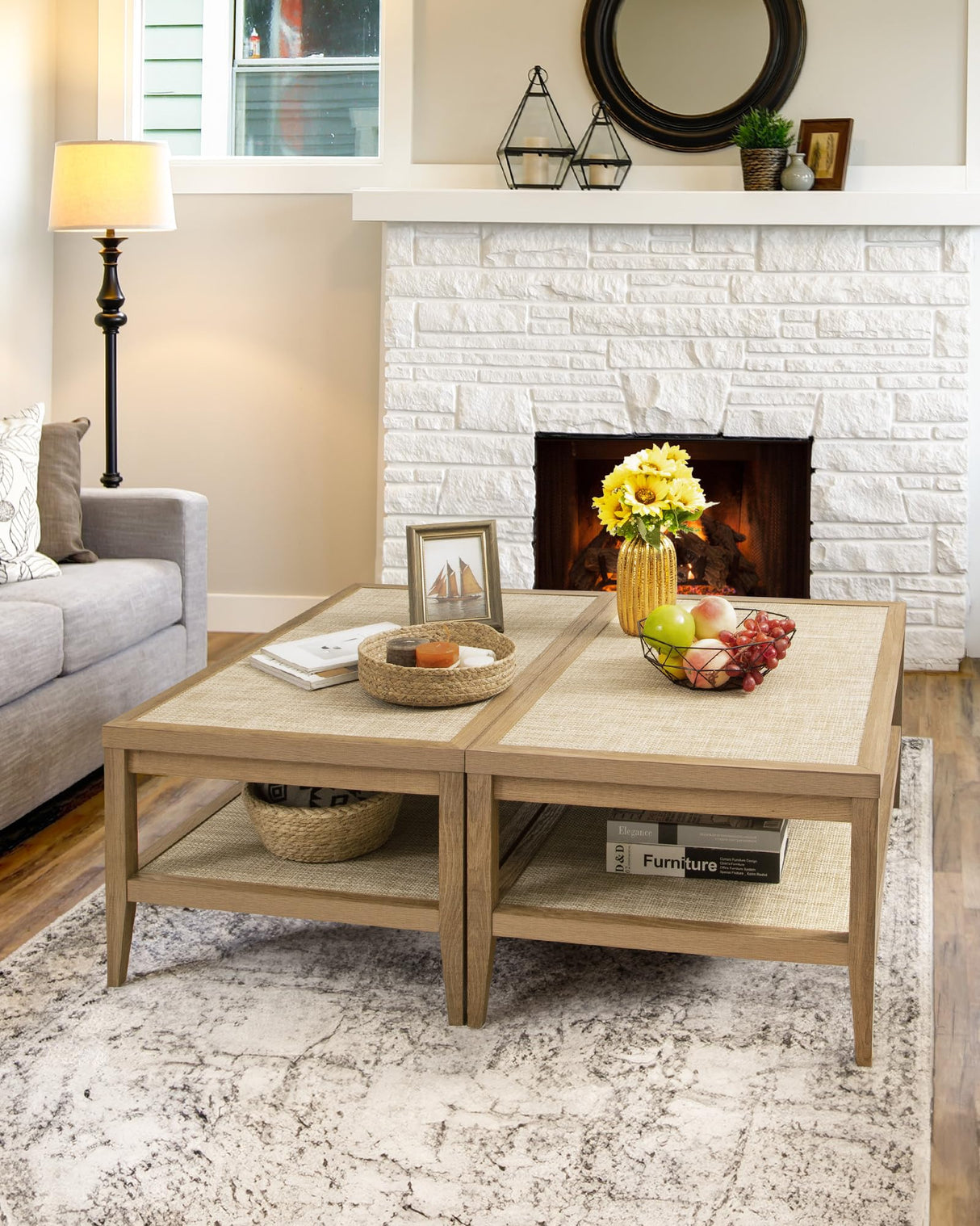 SICOTAS Rattan Coffee Table for Living Room - Boho Rectangle Center Coffee Tables with 2-Tier Rattan Storage Shelves - Accent Sofa Side Table for Small Space SICOTAS