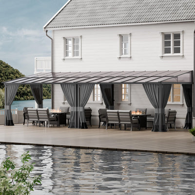 ASJMR 10x28FT Wall Mounted Gazebo Hardtop,Outdoor Wall-Mounted Patio Pergola Metal Frame Double Curtains Gazebo with Sloping Sun Panel Roof for Patio,Garden,Lawn,Pool,Backyard Deck, Sand