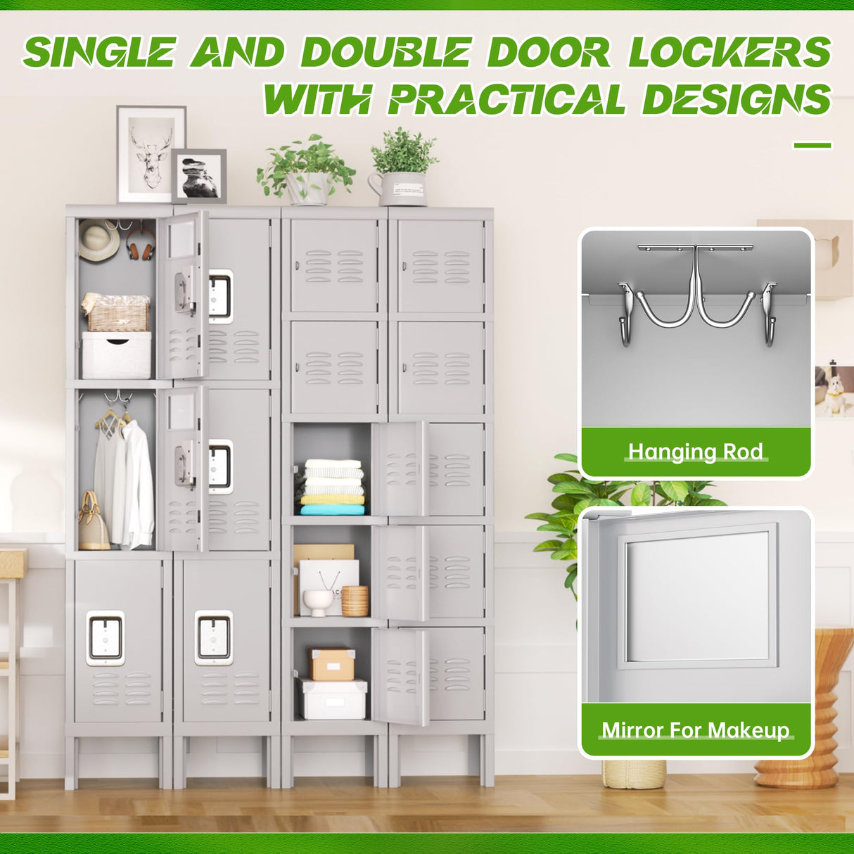 Pataku Metal Lockers for Employees, 3-Tier Storage Locker, Steel Locker Cabinet for School, Home, Gym, Office, Garage with Mirrors, Screwdriver, Gloves, Hooks, Unassembled (Grey,3-Tier) Pataku