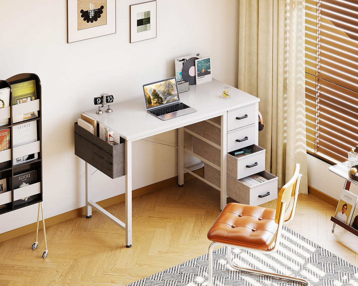 Casaottima 32 inch Small Computer Desk with 4 Fabric Drawers, Side Hook and Cloth Bag, Kids Study Table for Bedroom and Small Space, Pure White Casaottima