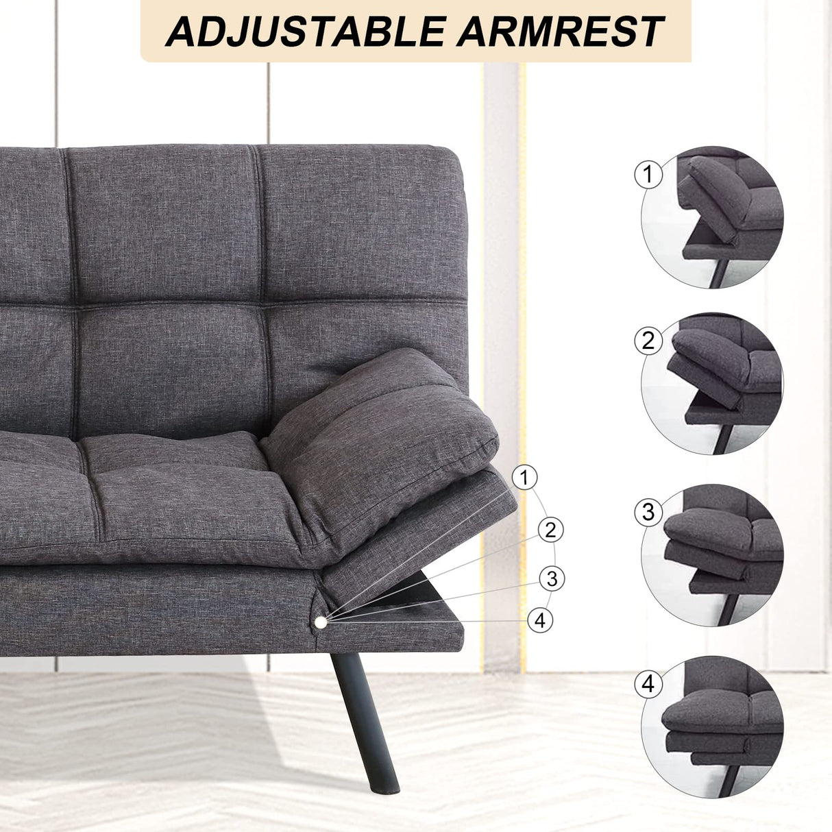 Opoiar Futon Couch,Convertible Futon Sofa Bed,Memory Foam Sleeper Sofa,Adjustable Modern Loveseat,Futon Sets, Sofa Bed for Compact Living Room,Apartment,Office,Grey Opoiar