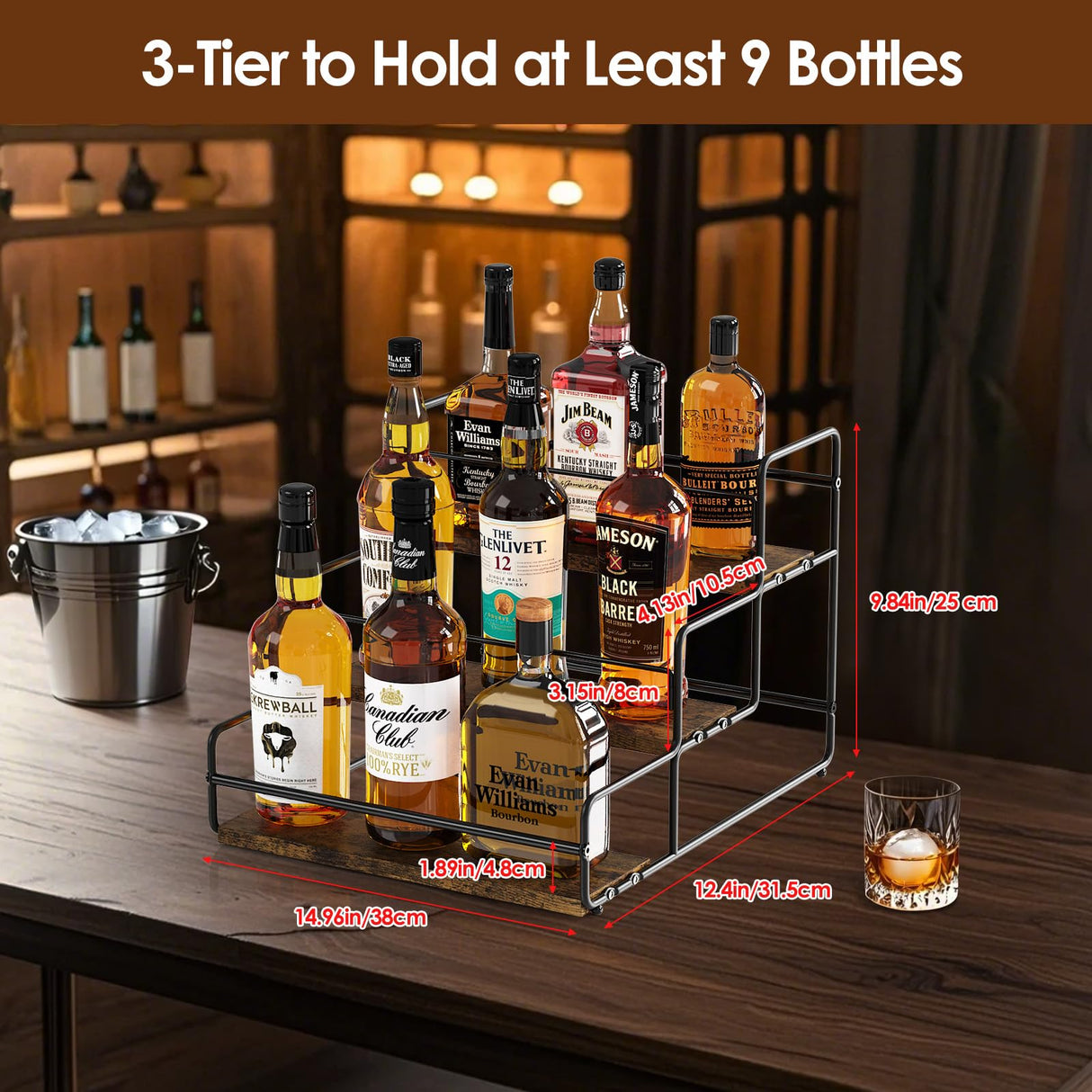 Nuovoware Liquor Bottle Display Shelf, 3-Tier Liquor Shelf, Carbon Steel Bar Cabinet with Wooden Base and Retainer Bar for Whiskey Syrup Wine, Wine Rack for Countertop Kitchen Coffee Bar, Black Nuovoware