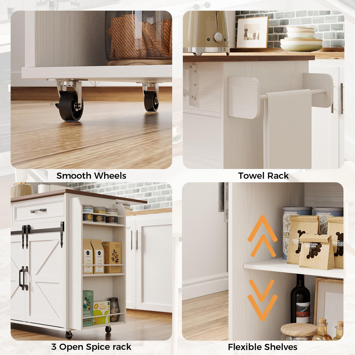 IRONCK Kitchen Island with Storage, Rolling Kitchen Island Cart with Drop Leaf Countertop, Island Table for Kitchen with Pull-Out Shelf, Barn Doors, for Dining Room, Home Bar, White IRONCK