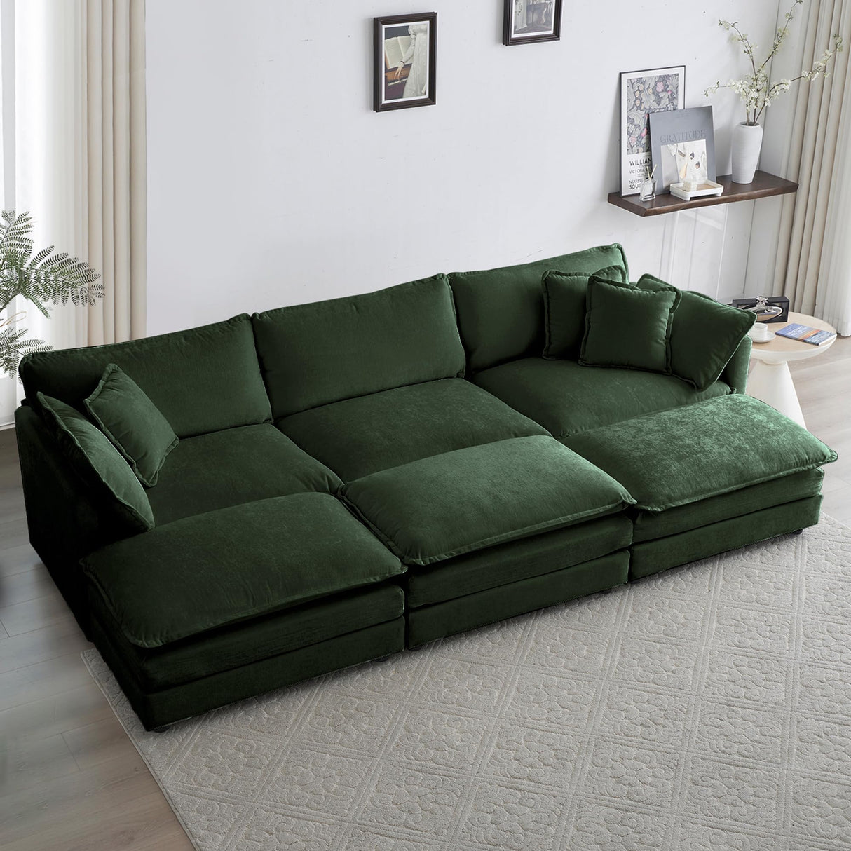 111.42" Deep Seat Sectional Cloud Sofa Sleeper with 3 Ottomans & Soft Pillows, 6 Seat Modular Couch Bed for Living Room, Apartment, Dark Green Chenille Tmsan