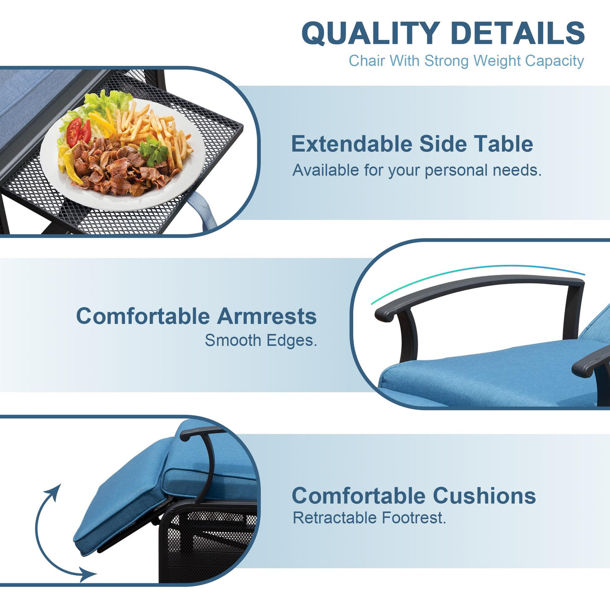 Domi Adjustable Patio Recliner Chair Metal Outdoor Lounge Chair with Flip Table Push Back, Adjustable Angle, Removable Cushions, Support 350lbs, Navy Blue domi outdoor living