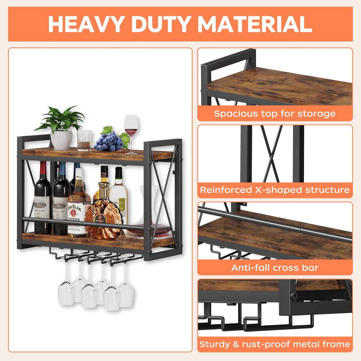 Homeiju Wall Mounted Wine Rack, Bottle & Glass Holder Wood-Metal Retro Wine Rack, Wine Bottles Display Wall Storage for Kitchen Dining Room Home Bar Homeiju