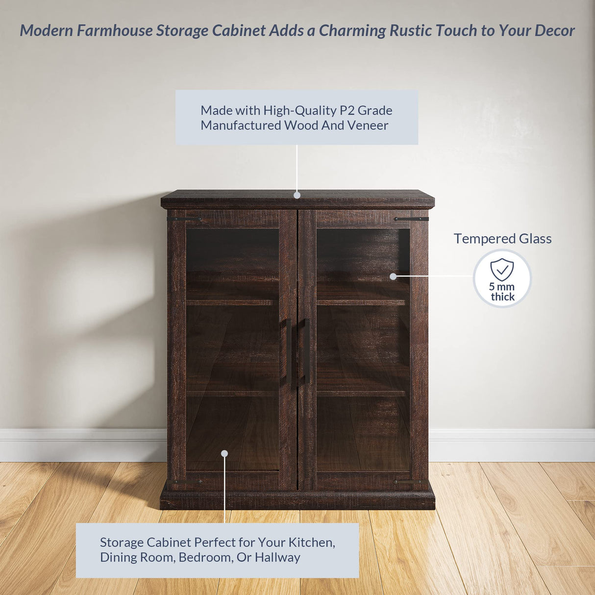 BELLEZE 014-HG-41009-CB-ESP Storage Shelves Doors Glass Display Pantry Organizer 3 Tiers Curio Hutch Cabinet for Entryway Living Room Hallway Kitchen-Ashford (Espresso) BELLEZE