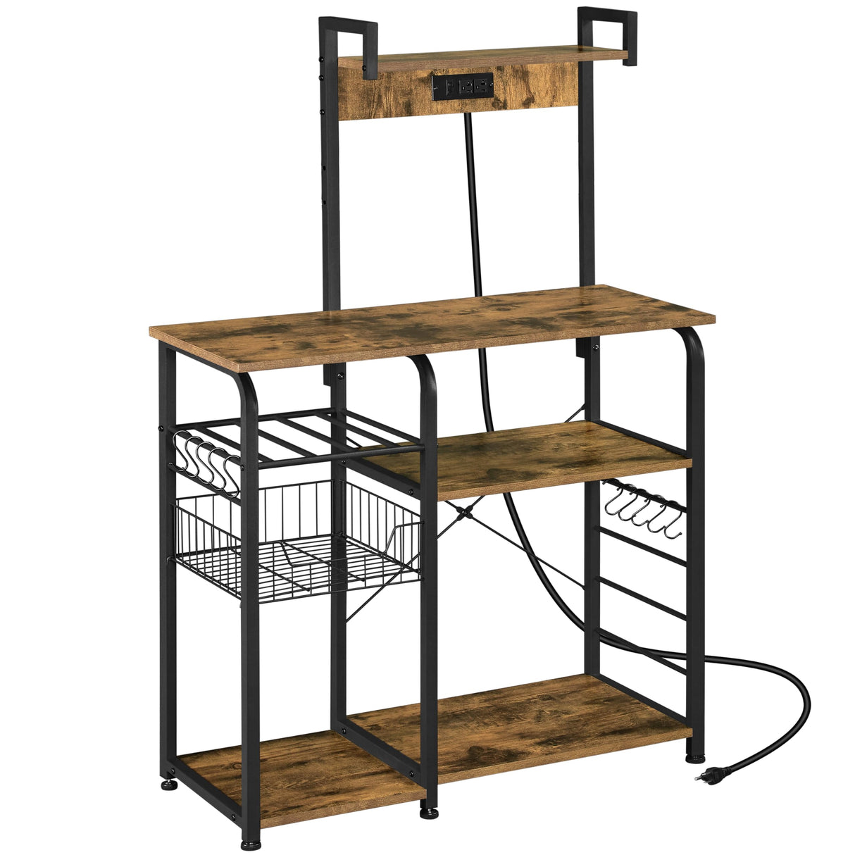 Yaheetech Kitchen Bakers Rack with Power Outlet, Coffee Bar Microwave Stand with Wire Basket and Wine Rack & 10 S-Hooks, Kitchen Island with Storage for Spices/Pots/Pans, Rustic Brown Yaheetech