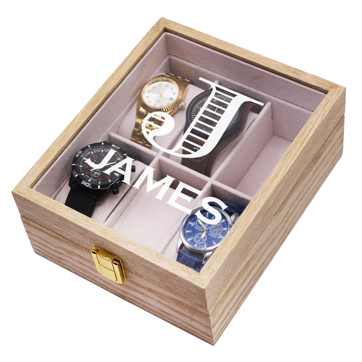Custom Personalized 6 Slot Watch Storage Box and Glass Display Case - Customized with Your Engraved Style Choice (Distressed Wood) My Personal Memories