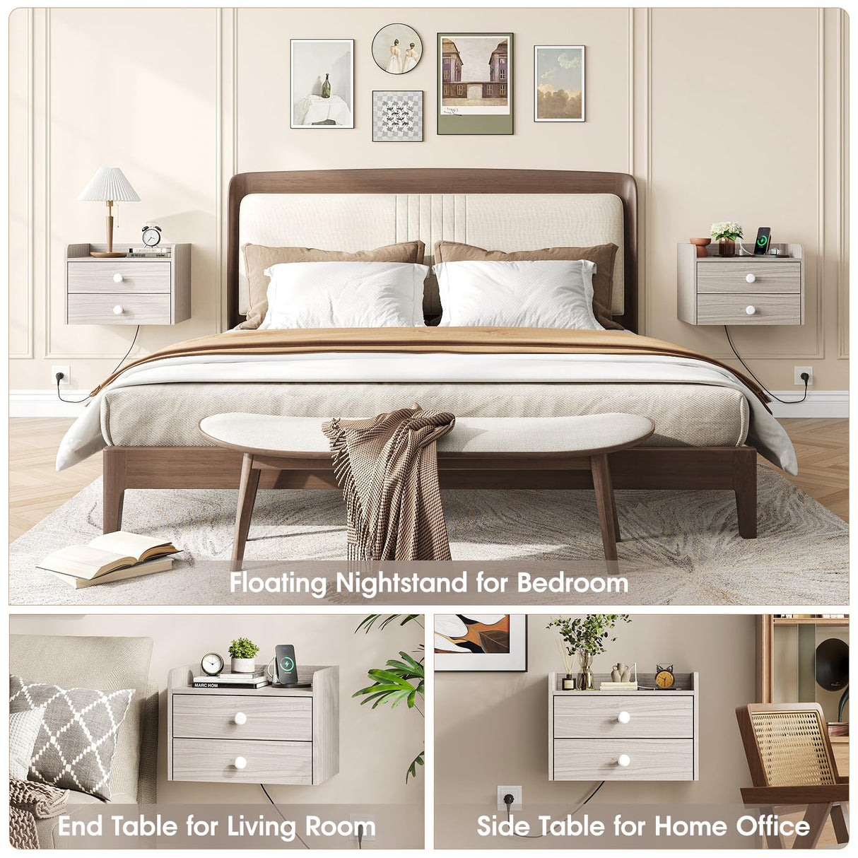 Floating Nightstand Set of 2 with 2 Storage Drawers and Charging Station Wood Wall Mounted Bedside End Table Modern Night Stands Set 2 for Bedroom,Living Room,Home Office,Small Space,Grey Vabches