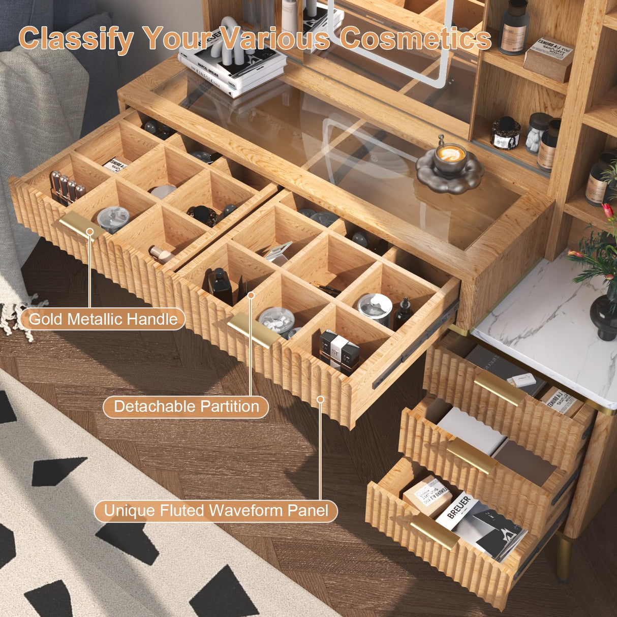 HSSZXFR 48" Fluted Makeup Vanity Desk with Mirror and Lights, Rustic Vanity Table with Modern Glass Top and Charging Station, Vanity Wooden 5 Drawers and Shelves Adjustable (Wood) HSSZXFR