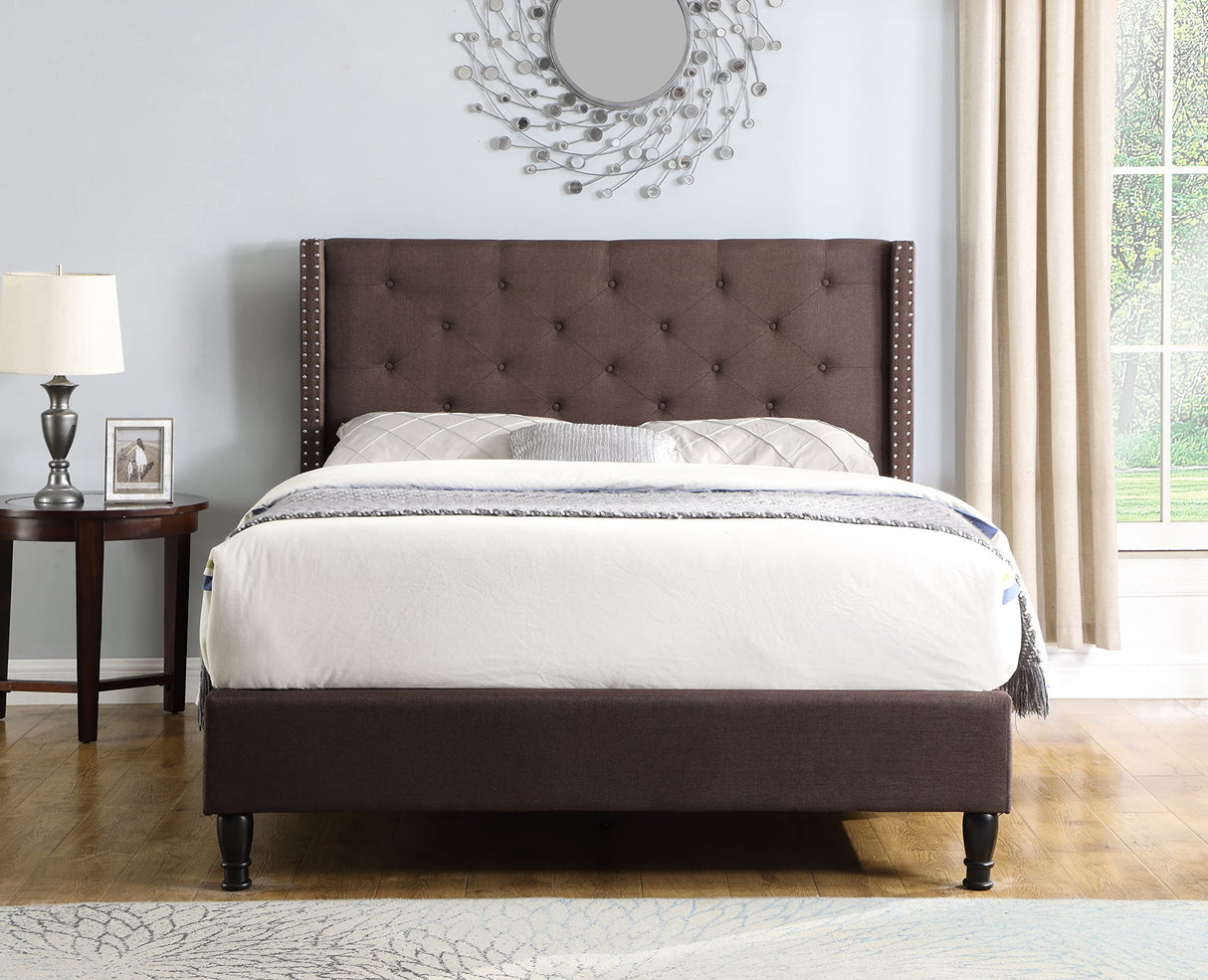 Full Upholstered Platform Bed Frame with 51" Tall Headboard - Button Tufted Cloth Bed - Wood Slat Support with Storage Space - No Box Spring Needed - Easy Assembly - Brown - Oliver & Smith - Astor OLIVER & SMITH SINCE 1921