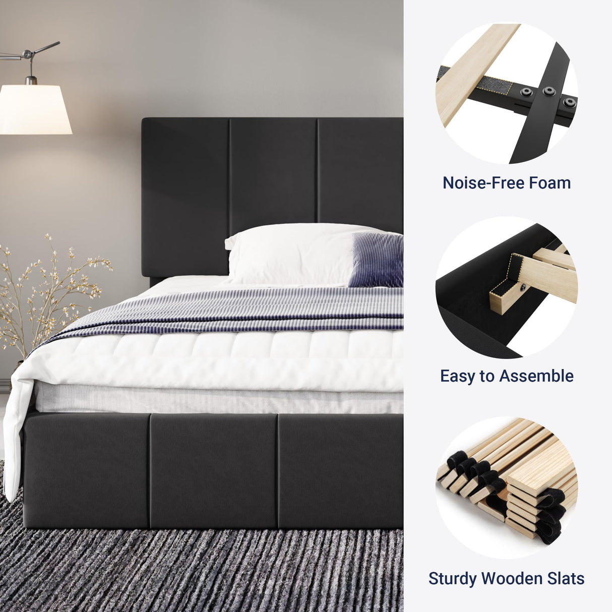 Allewie King Size Dutch Velvet Upholstered Platform Bed Frame/Vertical Channel Tufted Adjustable Headboard/Low Profile Bed Frame/No Box Spring Needed/Easy Assembly/Black Allewie