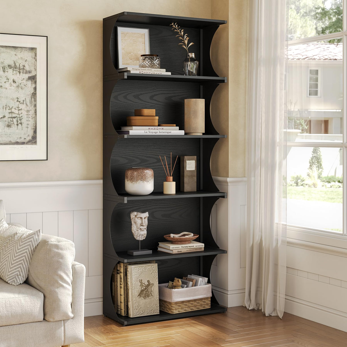 LITTLE TREE 5-Tier Bookcase, 70.8" Tall Open Bookshelf with Unique Curved-Edge Design, Modern Display & Storage Rack, Floor Standing Shelves for Home Office, Living Room, Bedroom, Studies, Black LITTLE TREE