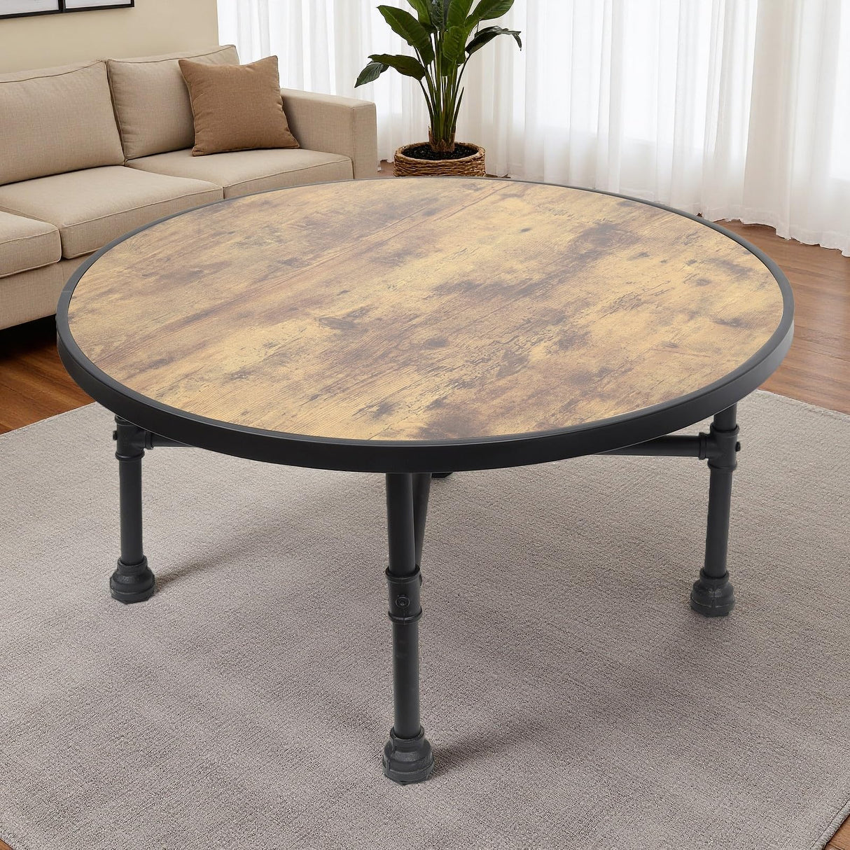 ZYUXUAN Industrial Round Coffee Table, Circle Wood Pottery Barn Coffee Table with Heavy Duty Metal Pipes Legs, Accent Cocktail Table Center Table with Open Shelf Storage for Living Room Home ZYUXUAN