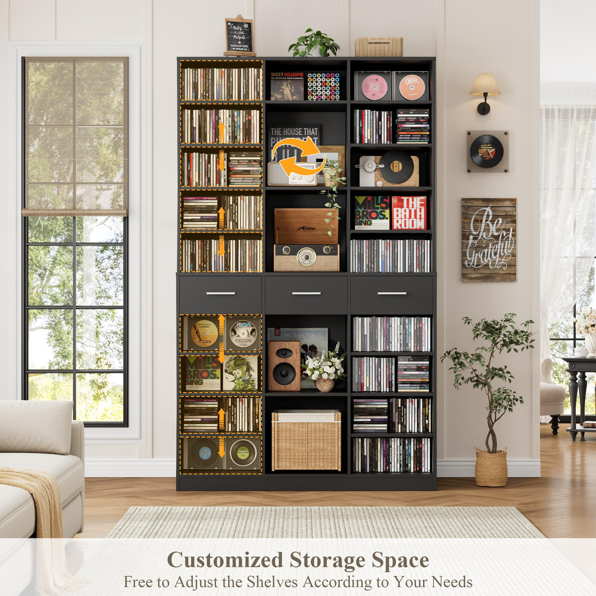 HOSTACK 75" Tall Book Shelf and Bookcase, 47" Wide Bookshelf with Drawers, Modern 9 Tier Bookcase with Storage, Large Wood Display Cabinet with Adjustable Shelves for Living Room, Home Office, Black HOSTACK
