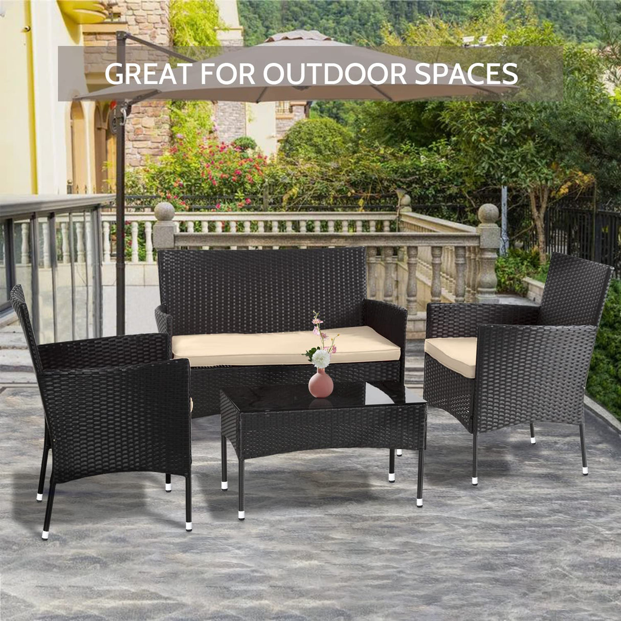 FDW Patio Furniture Set 4 Pieces Outdoor Rattan Chair Wicker Sofa Garden Conversation Bistro Sets for Yard,Pool or Backyard FDW