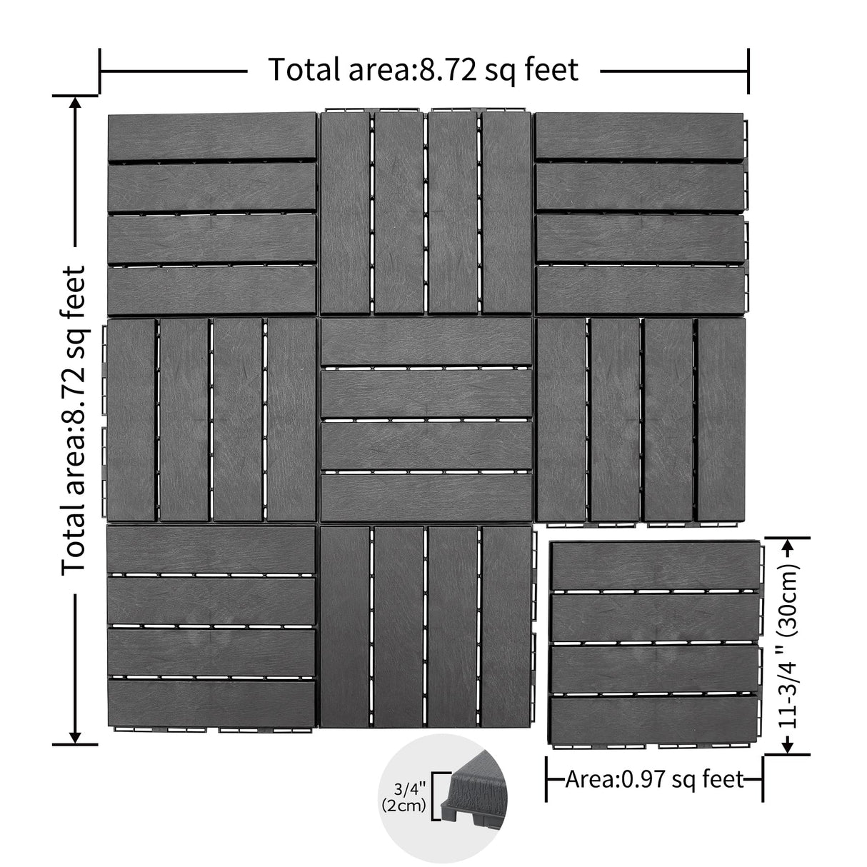 SHPAI Plastic Interlocking Deck Tiles, 36 Pack, 12"x12" Patio Decking Tiles Not-Slip All Weather Use, PVC Waterproof Outdoor Flooring Pavers for Backyard, Poolside, Porch, Balcony, Dark Grey SHPAI