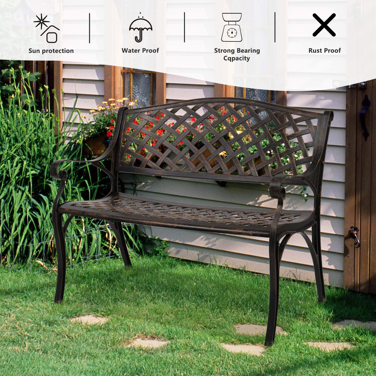 VINGLI 40.5" Patio Garden Bench,Anti- Rust Cast Iron Cast Aluminum Frame for Outdoor Path Yard Lawn Work Entryway Decor Deck (Brown) VINGLI