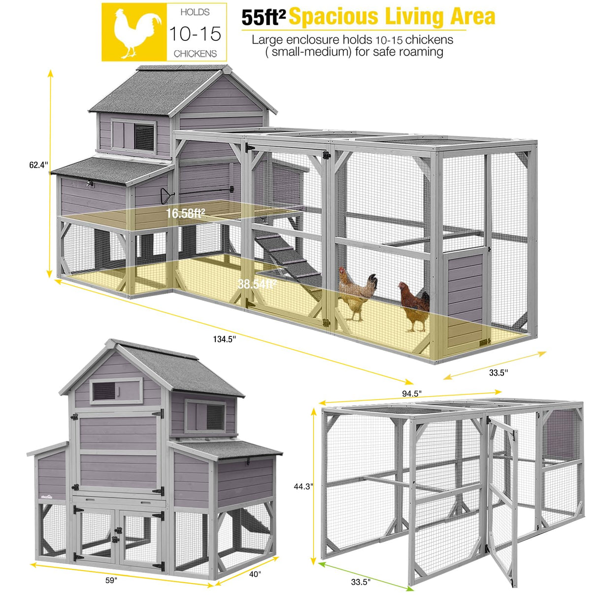 Aivituvin Large Chicken Coop 137" L Hen House Duck Cage for 10-15 Chickens 55ft² with Spacious Run, 6 Nesting Box, 6 Raised Perches Aivituvin