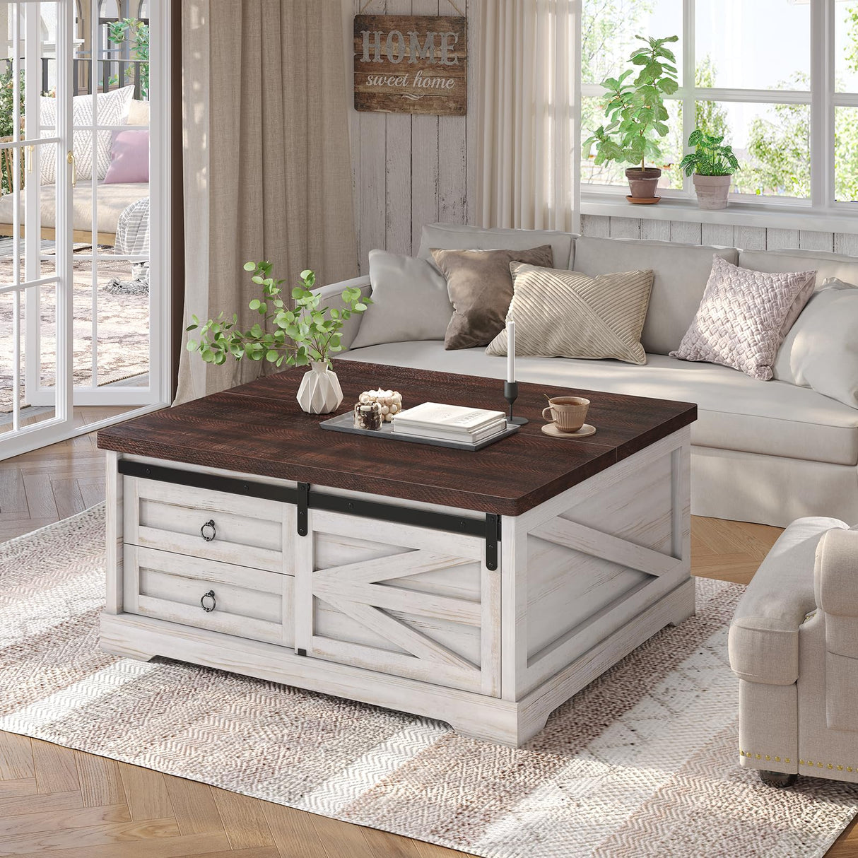 Itaar 39.4'' Lift Top Coffee Table with Storage, Farmhouse Coffee Tables for Living Room, Square Coffee Table with Large Hidden Compartment & 2 Drawers & Adjustable Shelves, White Itaar