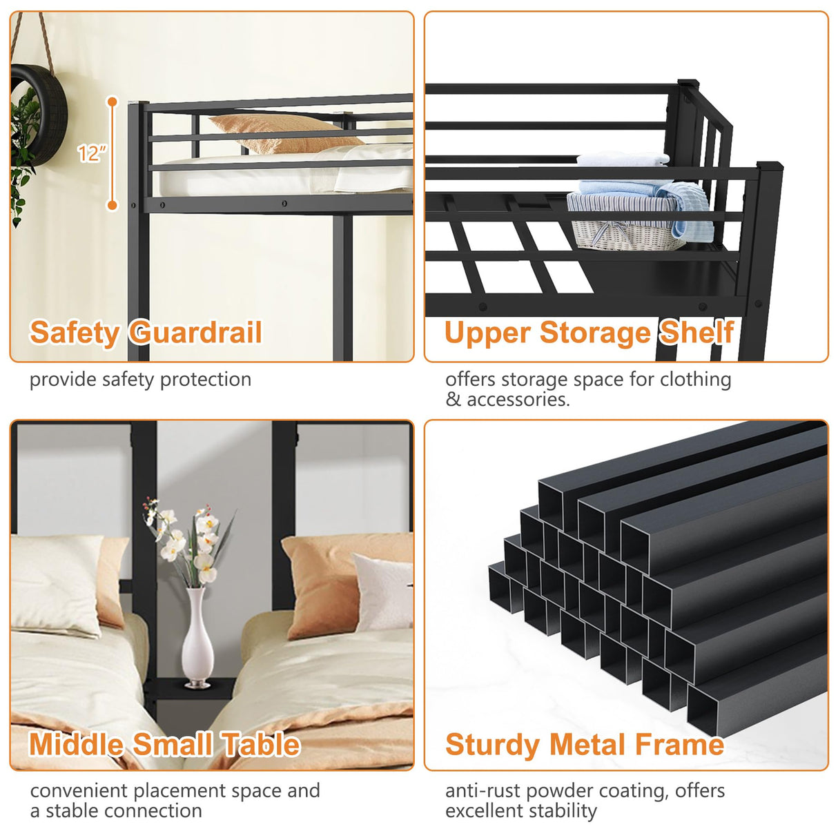 EYATZO Heavy Duty Triple Bunk Bed for Kids, Twin Over Twin Over Twin Bunk Bed, Metal 3 Bed Bunk Beds for Teens and Adults, No Box Spring Needed, Black EYATZO