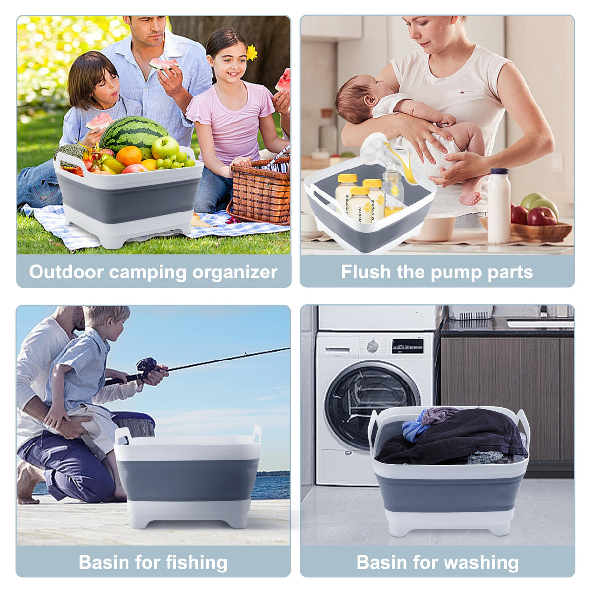 2.4 Gal(9L) Collapsible Dish Basin with Drain Plug, Space Saving Outdoor Multiuse Foldable Sink Tub, Dishpan, Kitchen Storage Tray for Camping, Vegetable Washing, RV (Gray) Goderewild