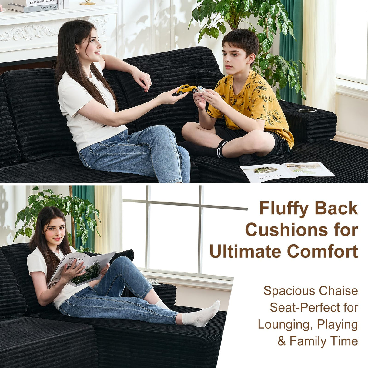 133" Cloud Sectional Couch with L-Shape Chaise,Modern Minimalist Upholstered Couches with Deep Seat,Corduroy Boneless Couches for Living Room Bedroom,No Assembly Required (Black,Left Facing Chaise) soothroom