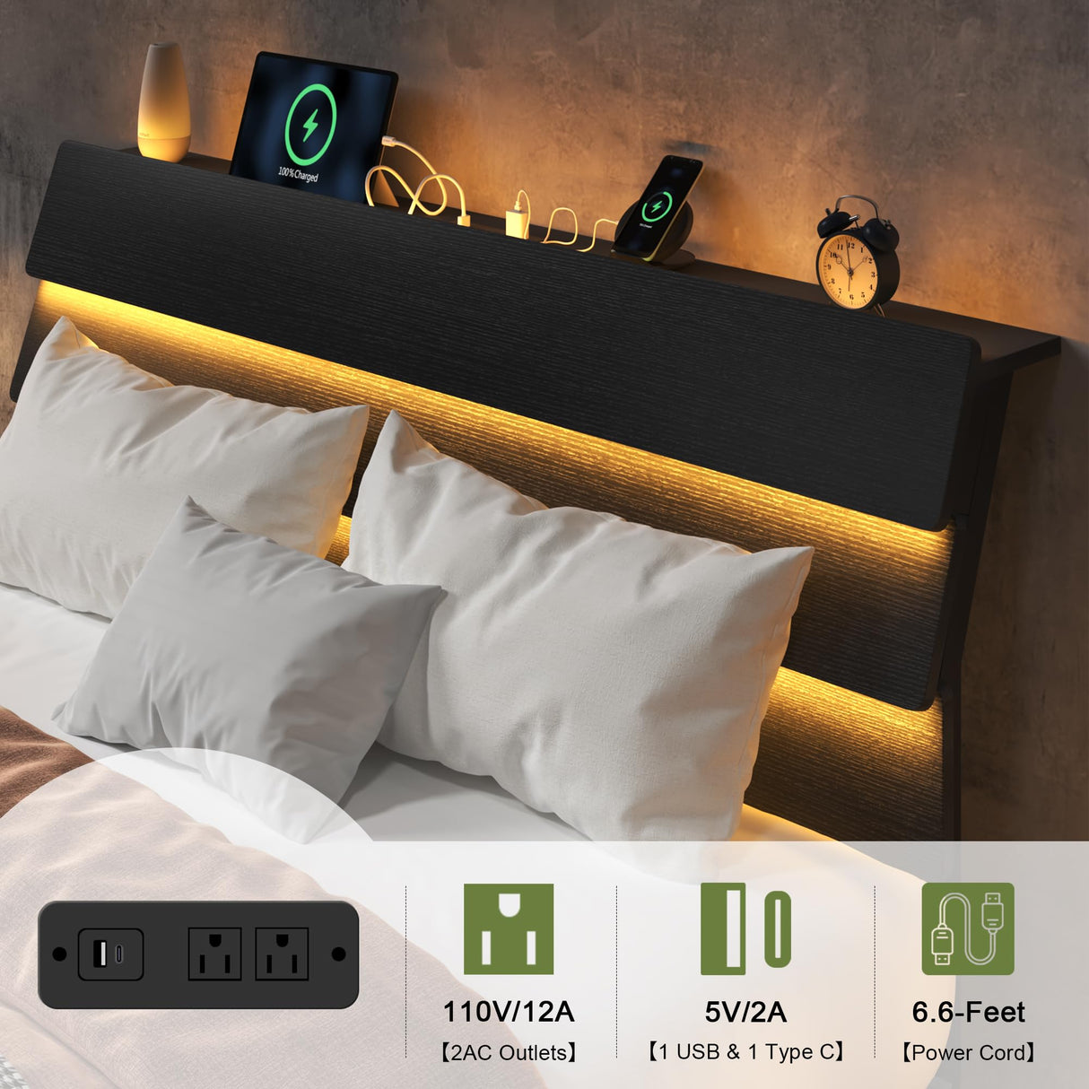 Feonase Floating Bed Frame Queen Size with Led Lights and Charging Station, Wood Queen Bed Frame with Storage Headboard, Heavy Duty Metal Slats, No Box Spring Needed, Easy Assembly, Black Feonase