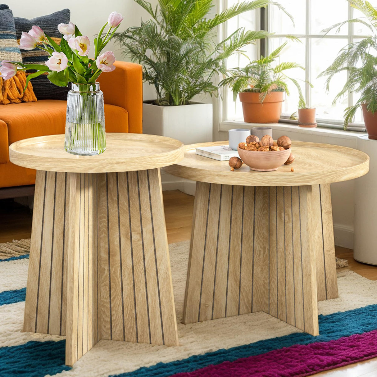 Round Nesting Coffee Table,Set of 2 Round Coffee Tables Living Room,Wood Fluted Coffee Table Set,Modern Small Coffee Table,Coffee Table Sofa Side Table for Living Room Bedroom Home Office (Oak) Mxtxmy