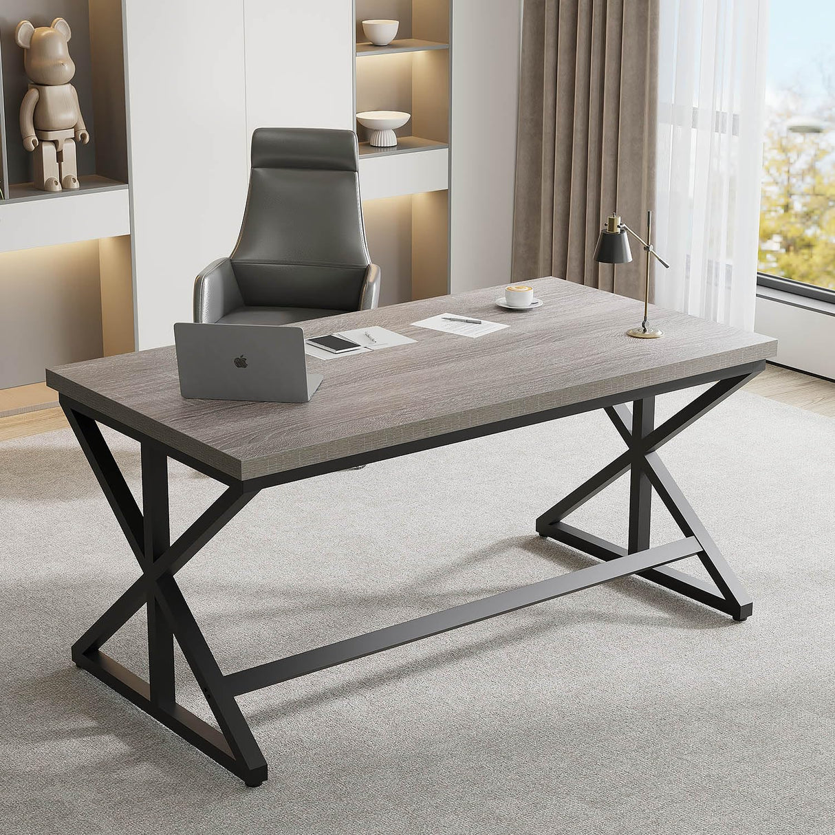 IBF Computer Desk, Industrial PC Laptop Office Desk, Farmhouse Gaming Desk with Spacious Desktop, Rustic Wood Metal Writing Study Work Table for Home Office Bedroom, 47 Inch, Grey Oak IBF