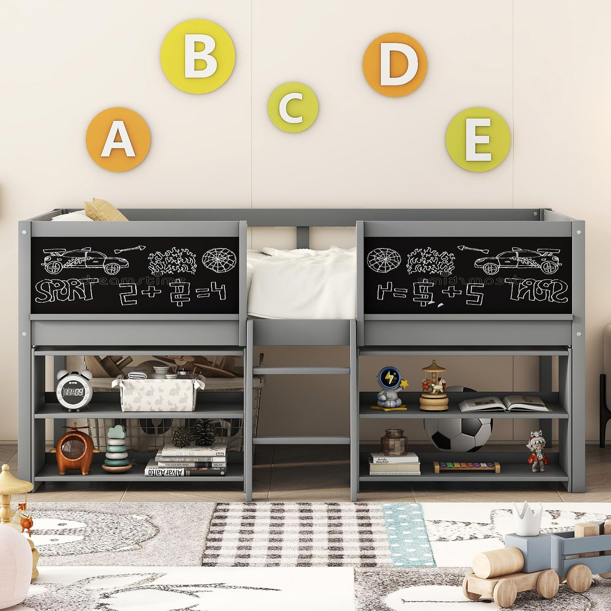 Bellemave Twin Low Loft Bed with Movable Shelves, Chalkboard, and Storage - Gray Bellemave