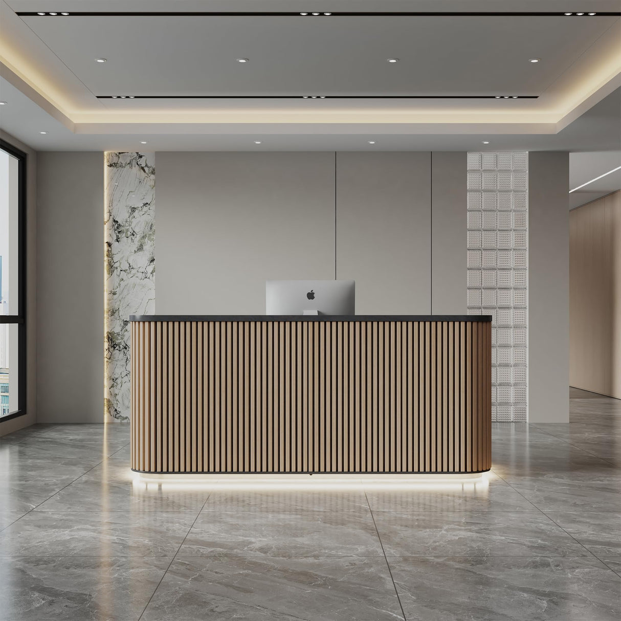 ONNAHOMEStlyle 70.87in Yellow Curved Reception Desk with Lock Drawer File Cabinet,Mid Century Front Desk Reception Room Table with LED Lights, Retail Counter for Checkout, Lobby, Beauty Salon ONNAHOMEStlyle