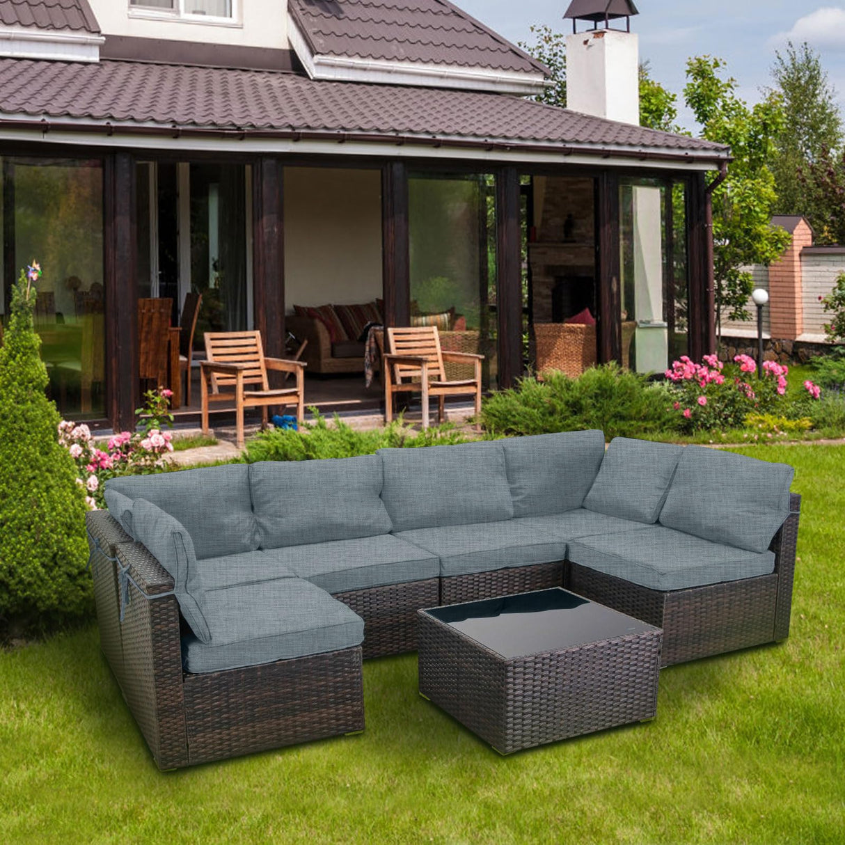 LAFWELL 7 Pieces Outdoor Patio Furniture Sets,Rattan Conversation Sectional Set,Manual Weaving Wicker Patio Sofa with Tea Table LAFWELL