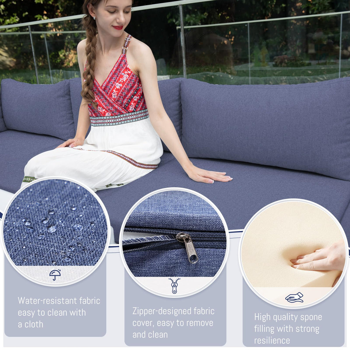 BULEXYARD 8 Seat Minimalist Aluminum Patio Sectional Seating with Fire Pit, 500 lbs Heavy Duty Outdoor Furniture Set, 29" Deep Wide Oversized Seating U Shaped Conversation Couch for Garden, Denim Blue BULEXYARD