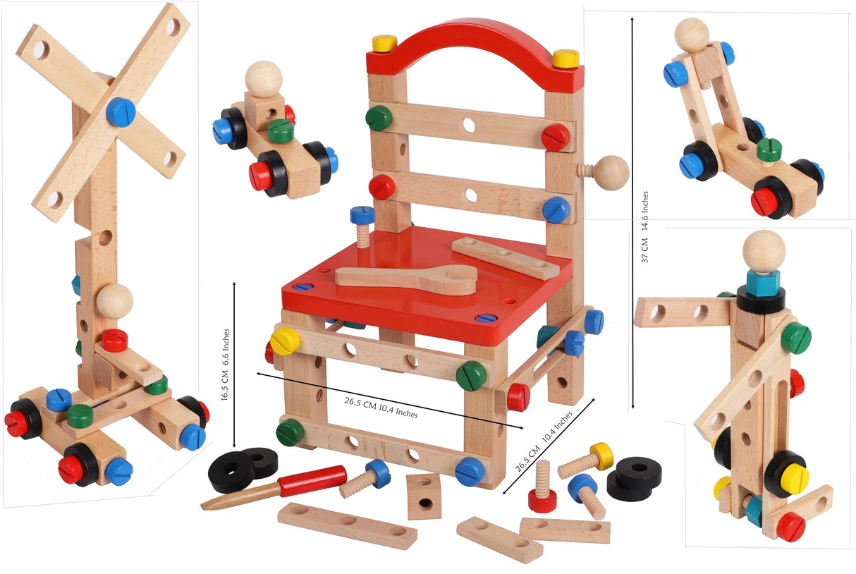 Wooden Nuts and Bolts Set - Construction Work Bench Chair - Wooden Construction Kits for Kids - Wooden Toys for 4 Years Old -Compatible with TOWO Nuts Bolts Set Toys of Wood Oxford