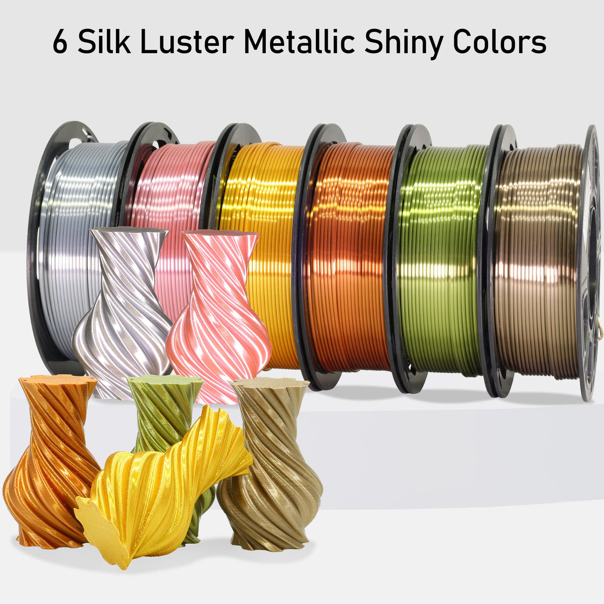 MIKA3D 6 Spools 1.75mm Silk PLA 3D Printer Filament Bundle, 6 Metallic Shiny Colors: Gold/Silver/Copper/Bronze/Coffee Gold/Rose Gold, Each Spool 250g X 6 Spools, Total 1.5Kg 3D Printer Material MIKA3D