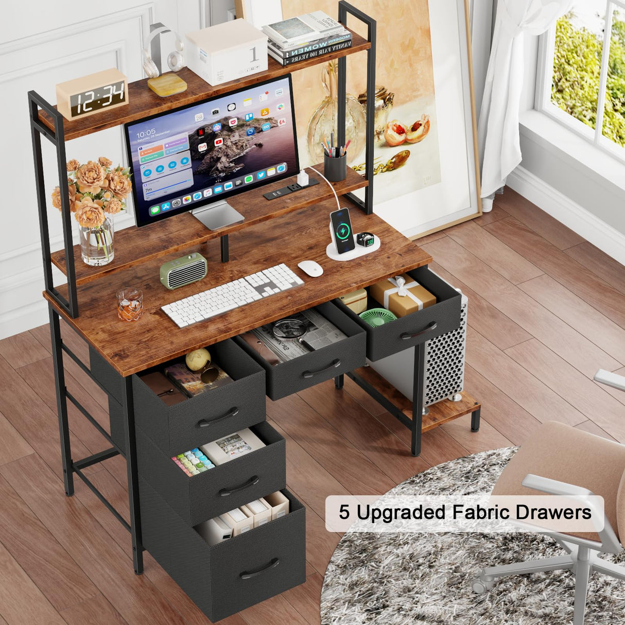 Computer Desk with Hutch, Gaming Desk with Power Outlets & LED Ligthts & 5 Fabric Drawers, Home Office Desk with 2 Tiers Storage Shelves for Display, 39" PC Gamer Table for Bedroom, Rustic Brown Korfile