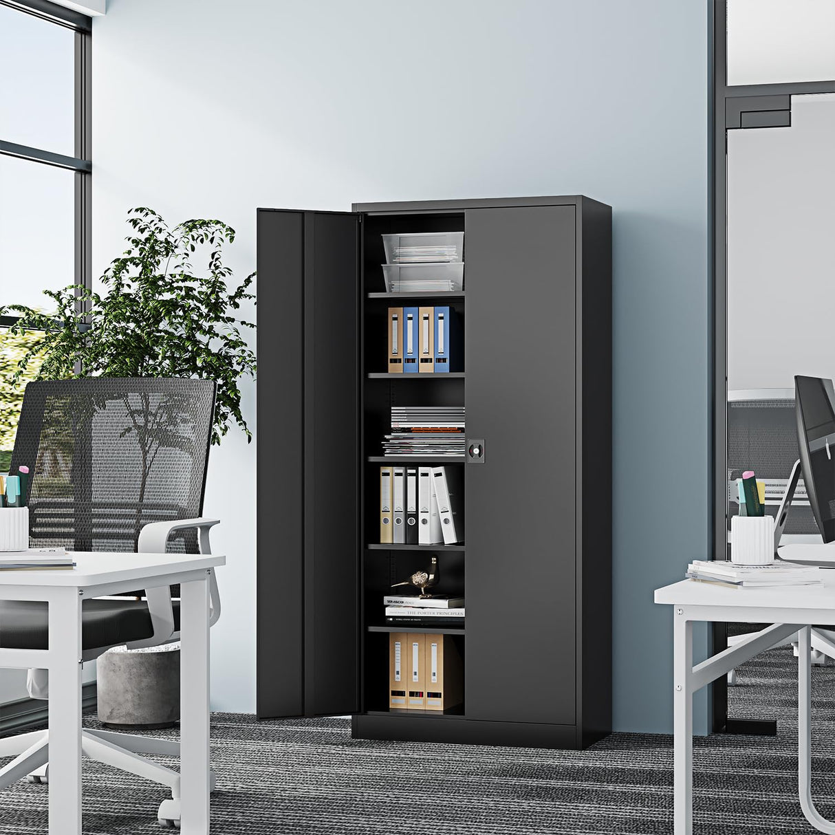 Fesbos Metal Storage Cabinet-71” Tall Steel File Cabinets with Lockable Doors and Adjustable Shelves-Black Steel Storage Cabinet for Home,Kitchen, School, Office, Garage Fesbos