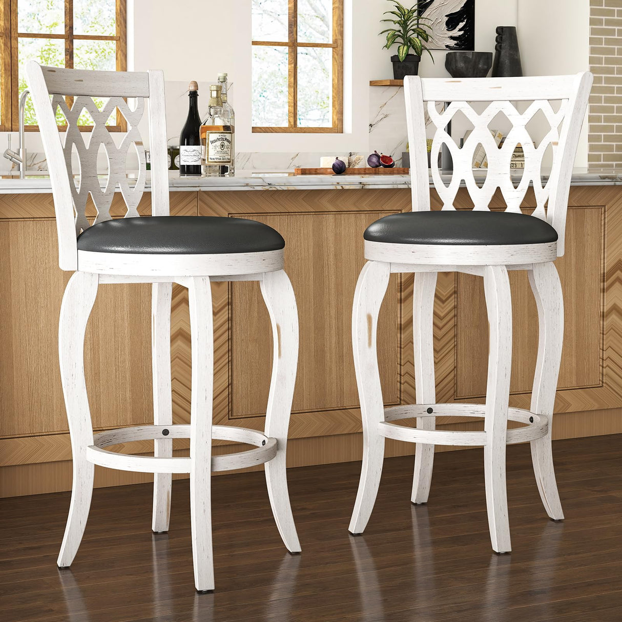 Callales 29" Bar Height Swivel Bar Stools Set of 2 for Kitchen Island, Farmhouse Barstool Counter Chair with Back and Footrest, Upholstered Barstools (White, Round Seat) Callales