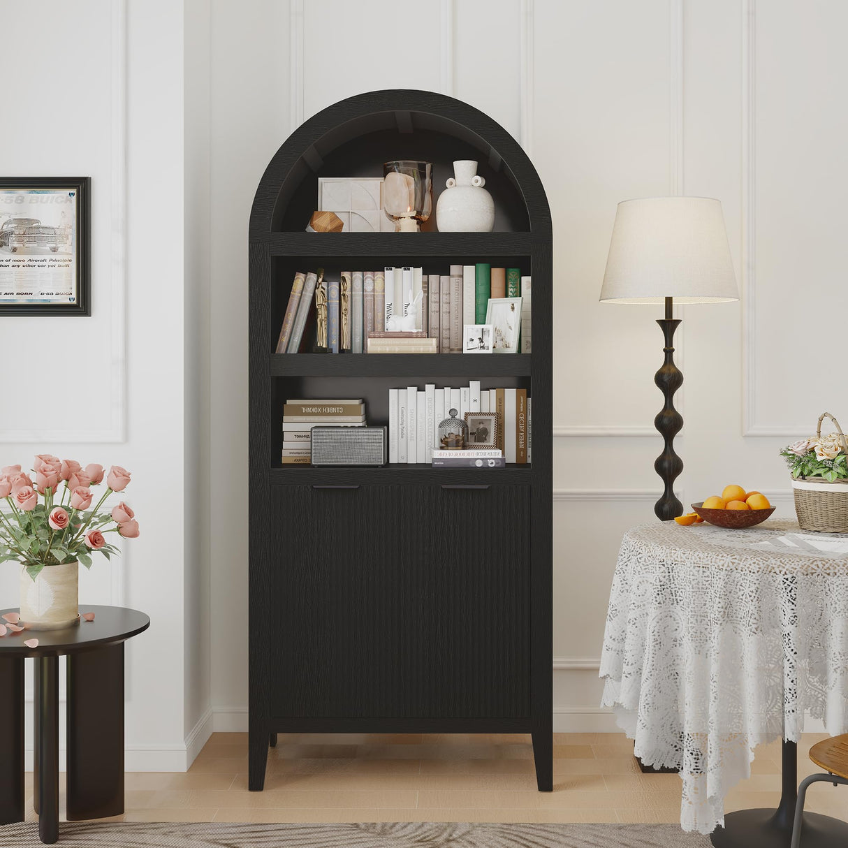 Arched Cabinet Bookshelf Black Arch Bookcase with Doors, Wooden Curved Book Case 5-Tier Tall Round Top Bookshelves for Living Room blini