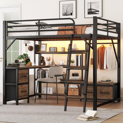 Loft Bed Queen Size with Desk and Charging Station, Metal Loft Beds Frame with LED Lights, Bookcase & 4 Fabric Storage Drawers & Bench, Adults Loft Beds with Wardrobe -Safety Guard & Ladder, Black