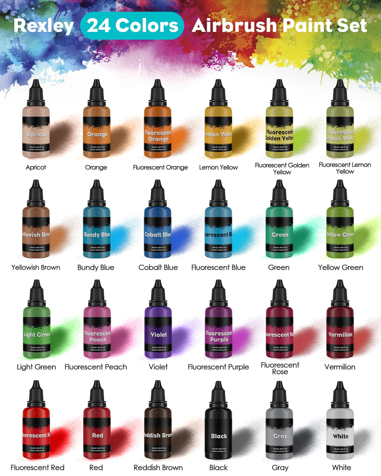 Airbrush Paint Set, 24Colors Acrylic Air Brush Paint Kit, Ready to Spray Water-Based Opaque & Neon Colors for Artists, Beginners, and Students, DIY Projects, 30 ml/1.01 Fl Oz Bottle O Rexley