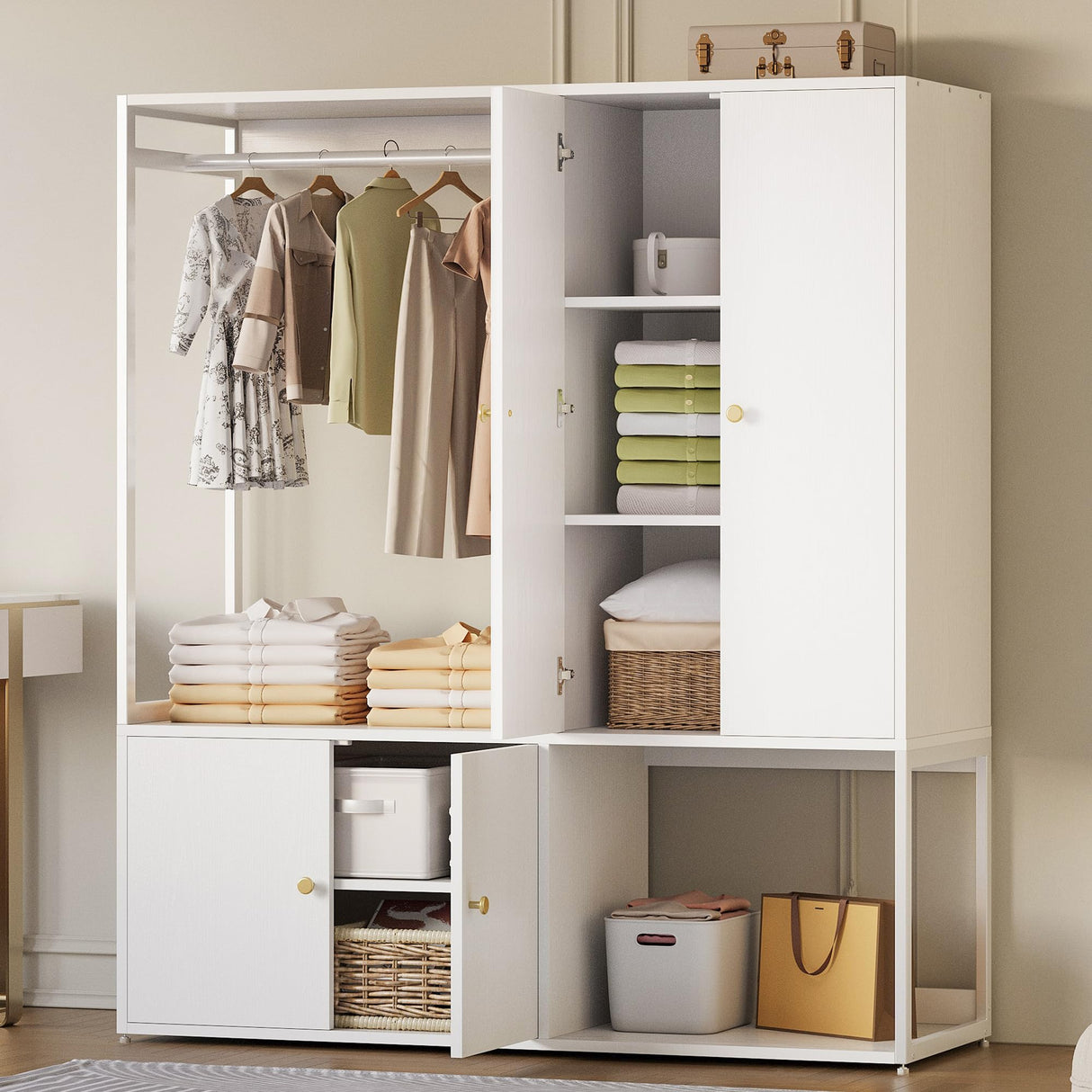 LIKIMIO Wardrobe Closet, White Cabinet with Shelves, Large Armoire Clothing Storage with Hanging Rod for Bedroom, Living/Laundry Room LIKIMIO