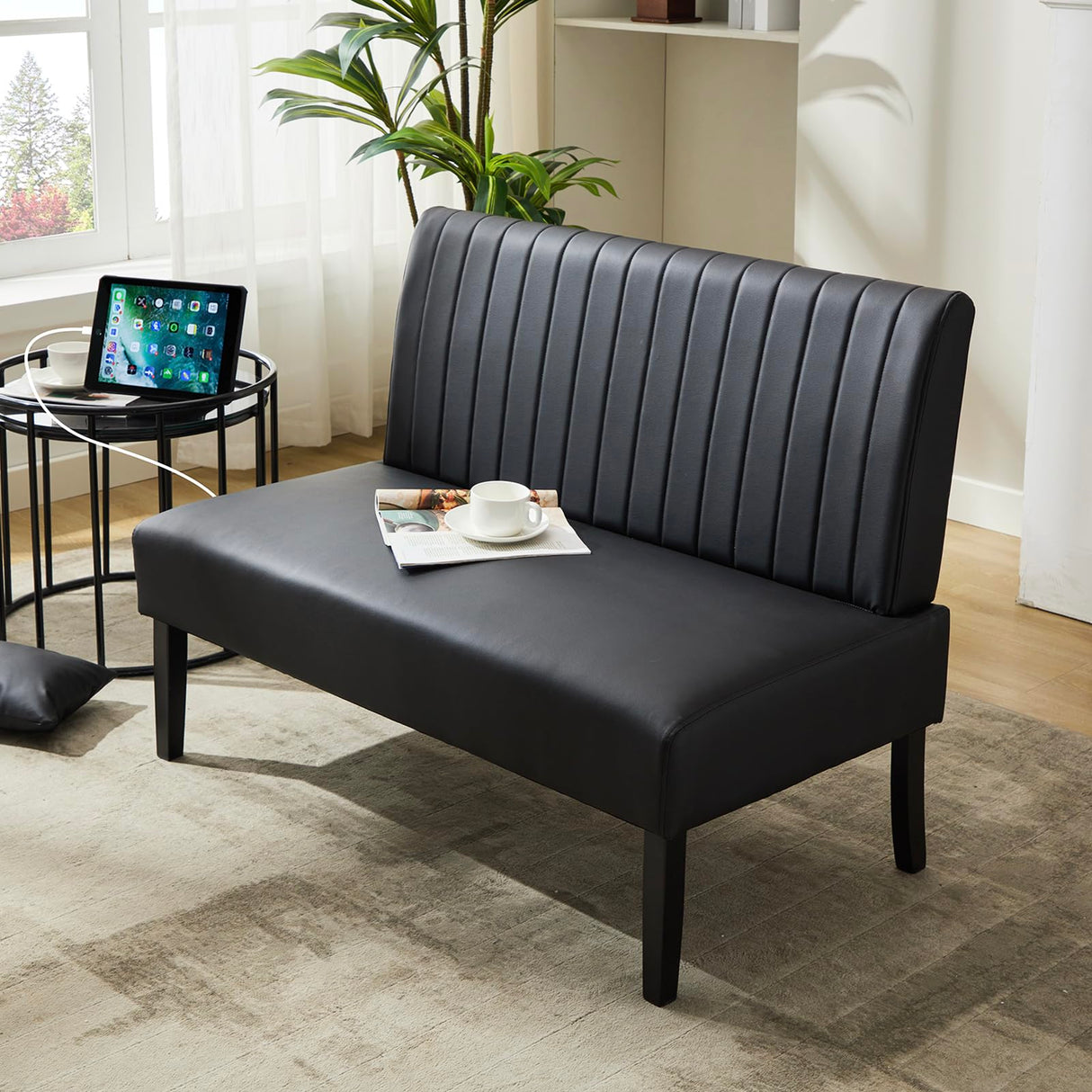 STHOUYN 43" W Mini Small Black Leather Couch Armless Loveseat Sofa for Bedroom with USB Port, Small Couches for Small Spaces Living Room, Apartment Office Dorm (Black) STHOUYN