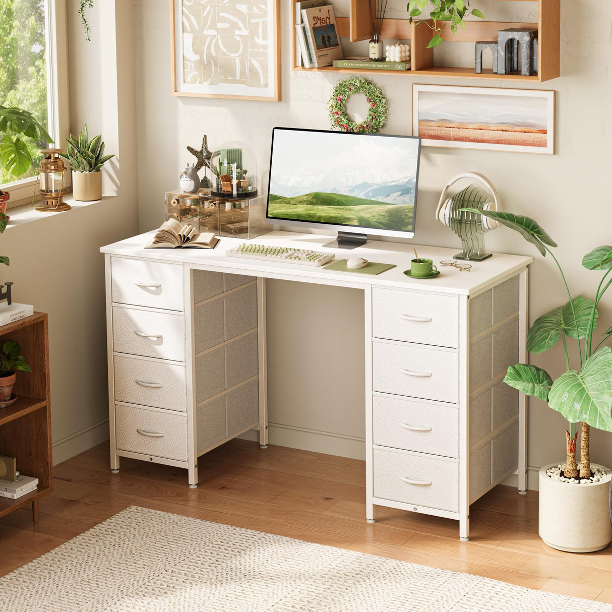 Huuger 47 Inch Vanity Desk with 8 Drawers, White Desk, Makeup Desk with Large Storage, Fabric Drawers, Wooden Desktop, Computer Desk Work Desk, for Home Office, Bedroom Huuger